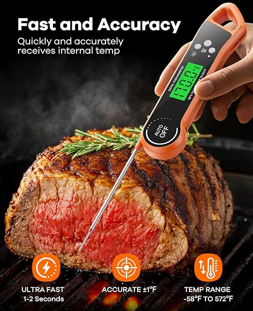 Meat Thermometer Digital, Instant Read Thermometer with Backlight, Calibration & Hold Function, Waterproof Food Thermometer for Kitchen and Outside, BBQ,Turkey, Candy, Liquids, Beef (Orange)