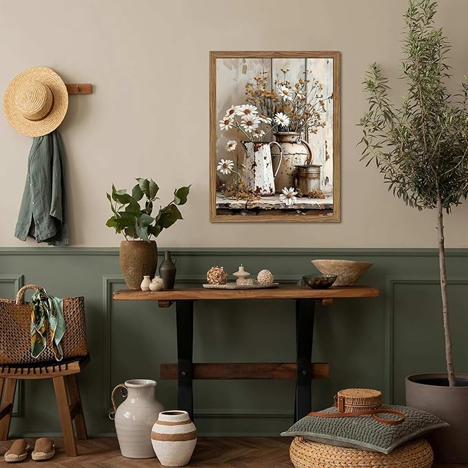 Country Wall Art, Farmhouse Pictures Wall Decor, Rustic Daisy Canvas Prints, Rusty Watering Can Art Paintings, Vintage Floral Artwork for Living Room Hallway Kitchen Bathroom Decor, Framed 16x24 In