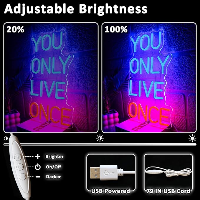 You Only Live Once Neon Sign for Wall Decor Dimmable Inspirational Led Sign for Bedroom Motivational Neon Light for Game Room Garage Man Cave Cafe Bar Club Party Decoration