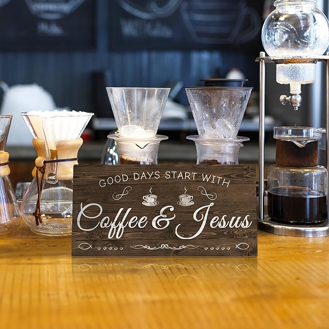Putuo Decor Coffee Sign, Kitchen Coffee Bar Decor, 12 x 6 Hanging Plaque, Gifts for Coffee Lover (Good Days Start with Coffee & Jesus)