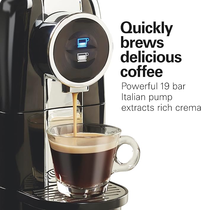Hamilton Beach Espresso Machine, Compatible with Nespresso Pods, Single Serve Coffee Maker, Powerful Italian 19 Bar Pump, 22 oz. Water Reservoir, Custom Cup Size, Holds 13 Capsules, Black (40726)