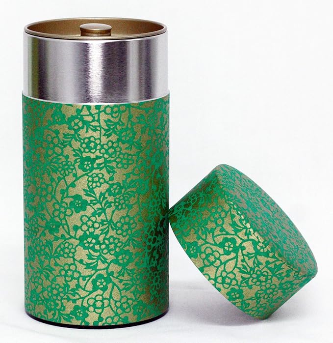 Washi Paper Tea Tin Canister: Long 7oz (200g) Green and gold Flower & Ivy (#81), Japan