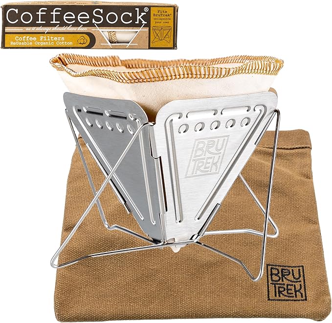 Planetary Design BruTrek Collapsible Pour Over Camping Coffee Maker - Stainless Steel Pour Over, Reusable Cotton CoffeeSock Filters, Canvas Carrying Bag, Compact, Lightweight Design