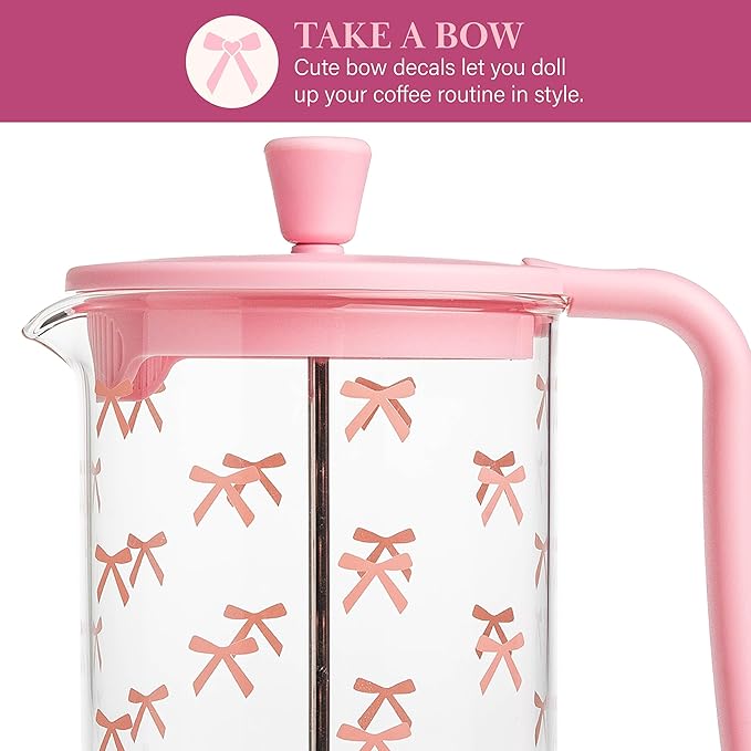 Paris Hilton Bow Design French Press and Frother Coffee Gift Set, Includes a 8-Cup Coffee Press and Battery Operated Handheld Milk Frother, 2-Piece Set, Pink