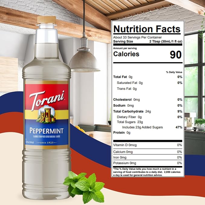 Torani Peppermint Syrup 1 Liter Bottle with Pump – Premium Coffee Flavoring Made with Pure Cane Sugar & Natural Flavors for Lattes, Mochas, Desserts & Cocktails – Café-Quality Mint Sweetener - Image 2