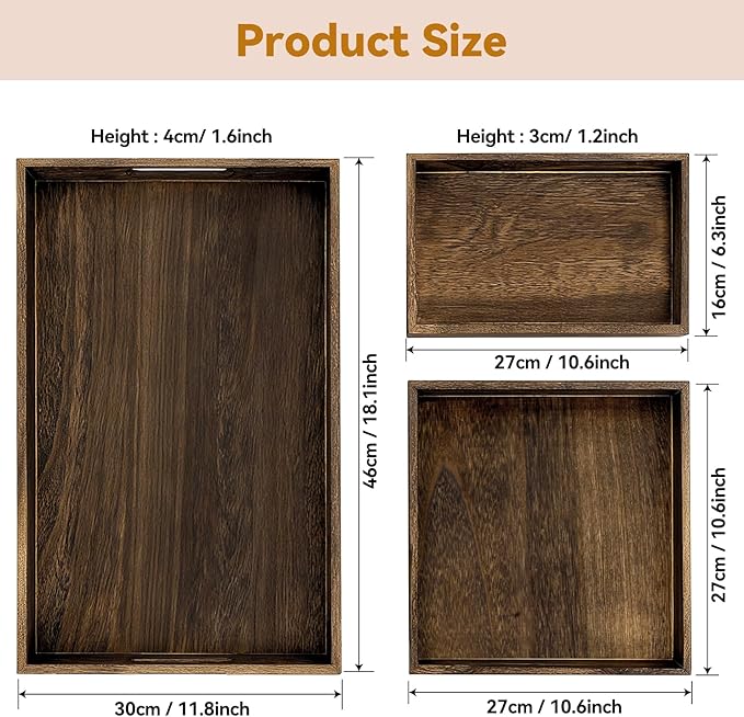 3-Piece Wooden Serving Tray Set - Nesting Platters for Entertaining & Breakfast