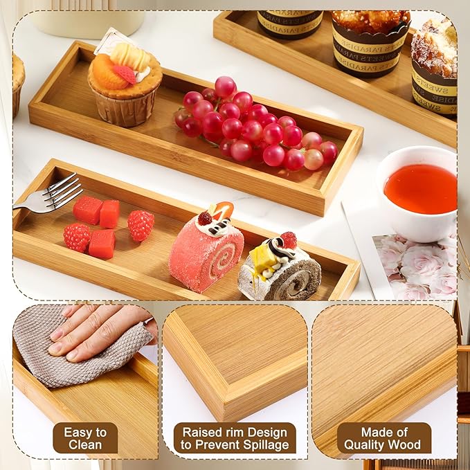 Bokon 10 Pcs Rectangle Wood Bamboo Tray Bamboo Serving Tray Wooden Serving Platter for Bathroom Counter Platter for Food Dinner Kitchen(Classic Style)