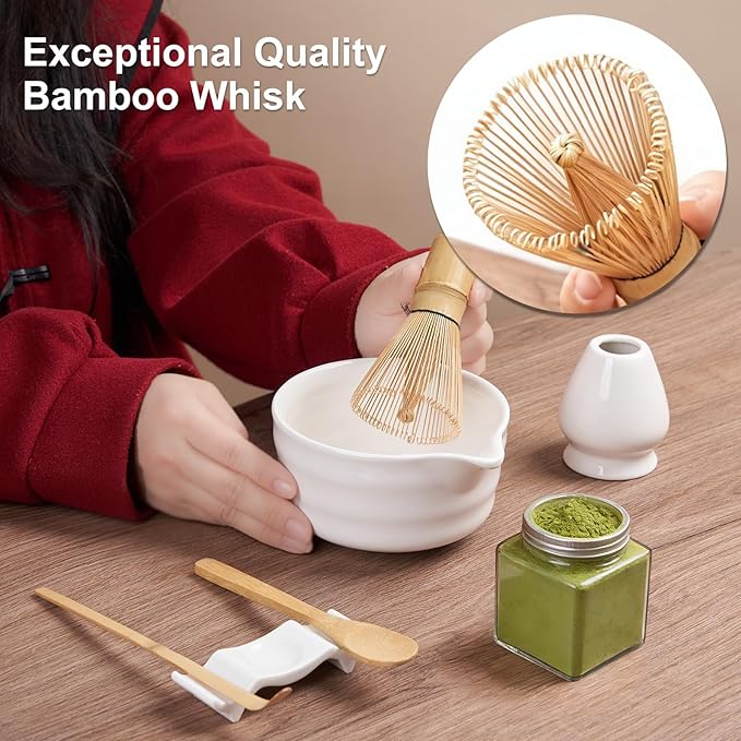 YOLIFE 7 Pcs Matcha Whisk Set, Includes Matcha Bowl with Spout, Bamboo Whisk (Chasen) with Ceramic Holder, Scoop and Powder Spoon, Sifter, Matcha Kit for Ceremony (White)
