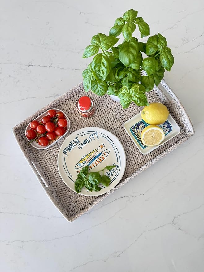 Kouboo, La Jolla Rattan Rectangular Serving Tray, 18 x 13.5 x 2 inch, White Wash