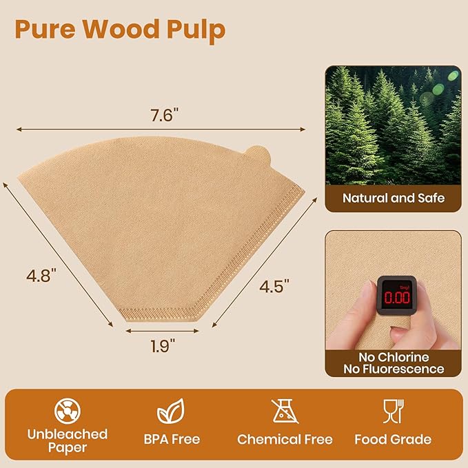 AOZITA #4 Cone Coffee Filters 8-12 Cup, 100 Count Unbleached Natural Coffee Paper Filters, No Blowout, Disposable Coffee Filter for Pour Over and Drip Coffee Maker (Pack of 2)