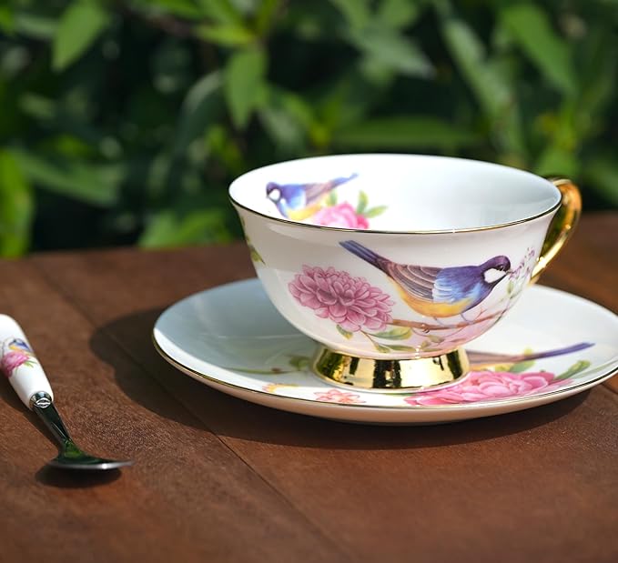British Coffee Cup 3 Piece Set（6.8oz） Household Fashional Tea Cup with Saucer Spoon (white-magpie)