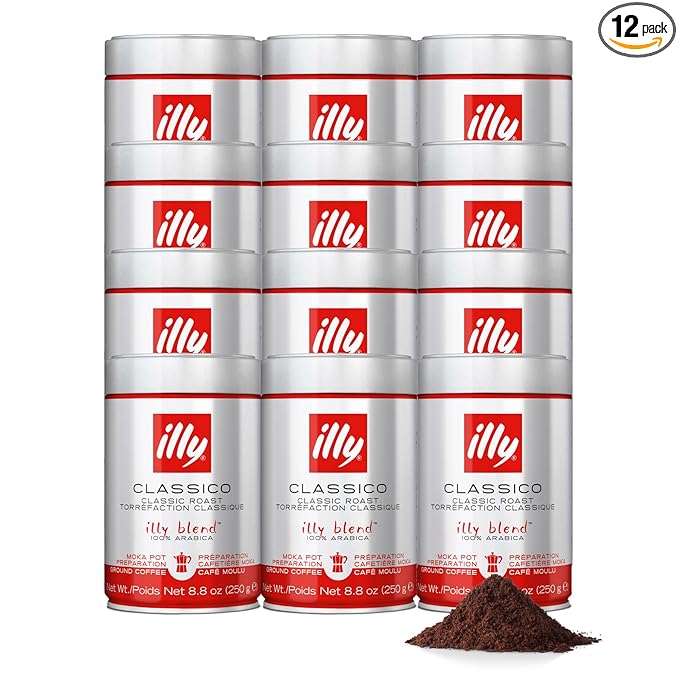 illy Ground Moka Coffee, Intenso Dark Roast, 100% Arabica, Premium Italian Coffee, Pre-Ground for Moka Pot or Stovetop Brewing, 8.8oz, 12 Pack