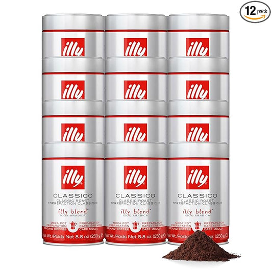 illy Ground Moka Coffee, Intenso Dark Roast, 100% Arabica, Premium Italian Coffee, Pre-Ground for Moka Pot or Stovetop Brewing, 8.8oz, 12 Pack