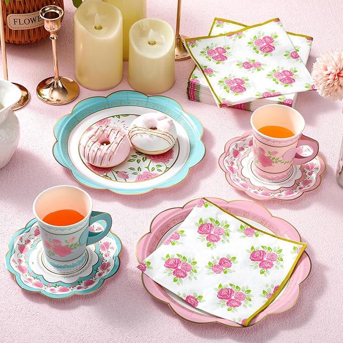 24 Sets Floral Paper Tea Cups and Saucers Disposable Tea Party Decorations 9 Inch Paper Plate, Saucer, Napkin, 9 oz Cups with Handle for Party Supplies (Floral)