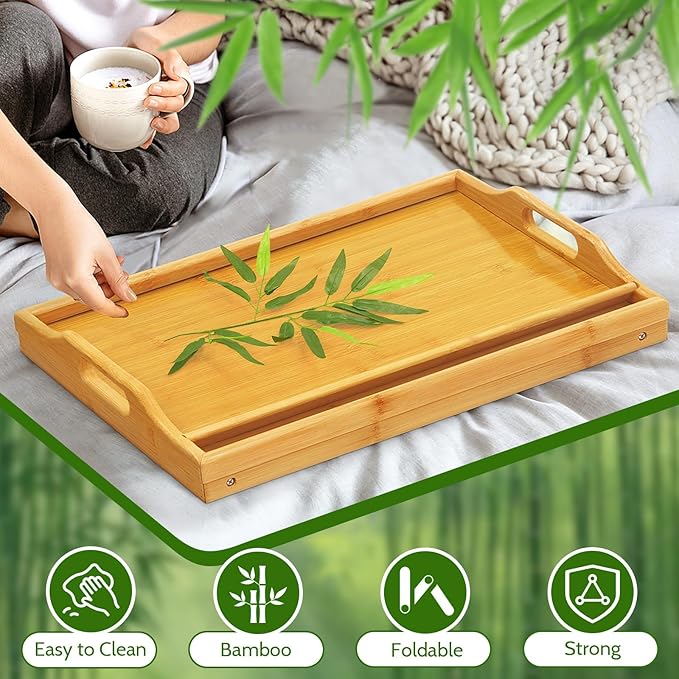 Tray Table for Bed, Bamboo Breakfast Tray with Folding Legs and Handles, Natural Color Bed Tray with Media Slot, Ideal for Eating, Serving or Working in Kitchen, Sofa or Bedroom