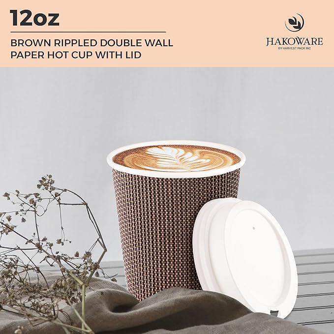 [1000 SET]Harvest Pack 12 oz Disposable Coffee Cups, Insulated Ripple Double-Walled Paper Cups with White Lids, Brown Geometric, Leak-Proof Drinking Cups for Tea Hot Chocolate Drinks To go coffee cups