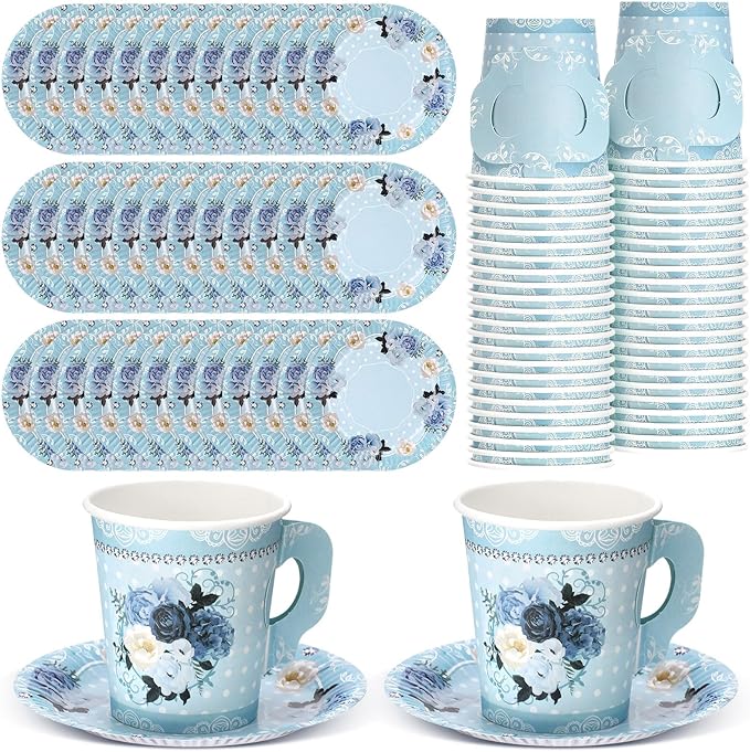 200 Pcs Floral Paper Tea Cups and Saucers 7 oz Disposable Tea Party Decorations Vintage Cute Paper Tea Cups and Plates with Handles for Girls Wedding Baby Bridal Shower Birthday, Serve 100(Blue)