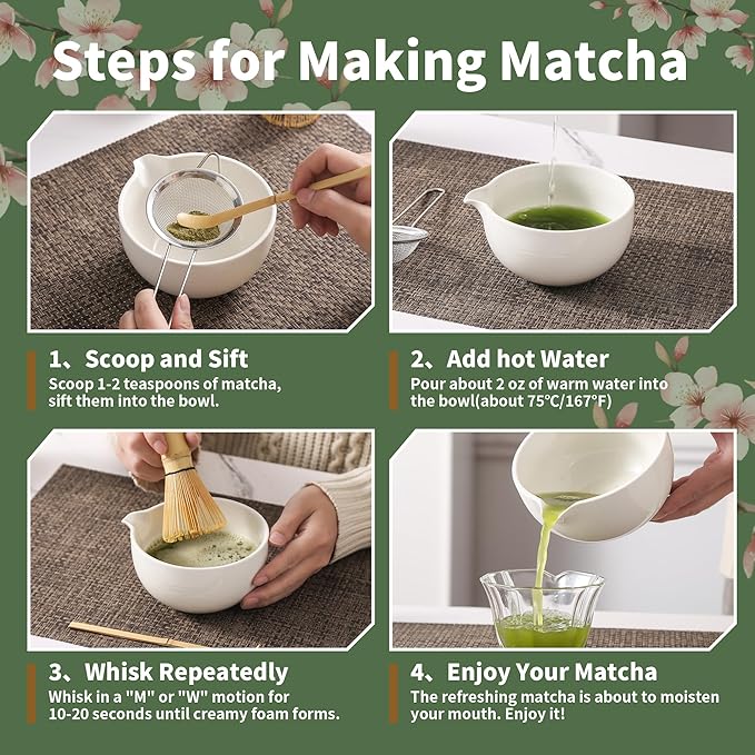 Matcha Whisk Set 5 Pcs, Matcha Kit Set Includes Matcha Bowl, Matcha Whisk and Holder, Bamboo Scoop and Sifter, Ceramic Matcha Set, Matcha Tea Set, Ideal Gift for Family/Friend (White)