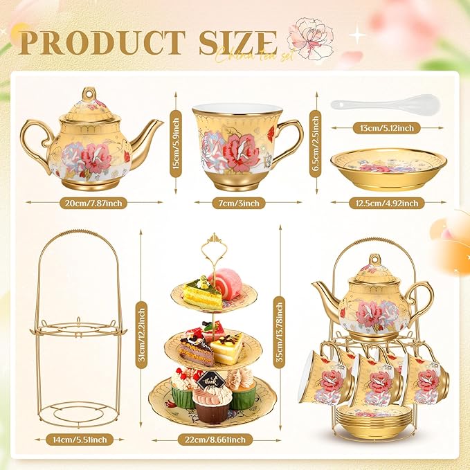 21 Pcs Ceramic Teapot Set Vintage Porcelain Tea Cups with Metal Holder and High Tier Cupcake Stand Saucers for Women Girls Farmhouse European Weddings Party Decor Gifts(Yellow,Fall)
