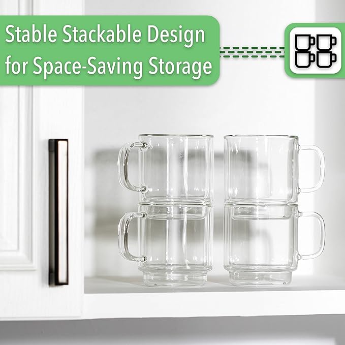 BTaT- Double Walled Stackable Espresso Cups, 5 oz, Set of 4, Clear Coffee Mugs, Double Wall Insulated Espresso Cups, Coffee Mugs for Tea, Lattes, Hot & Cold Beverages