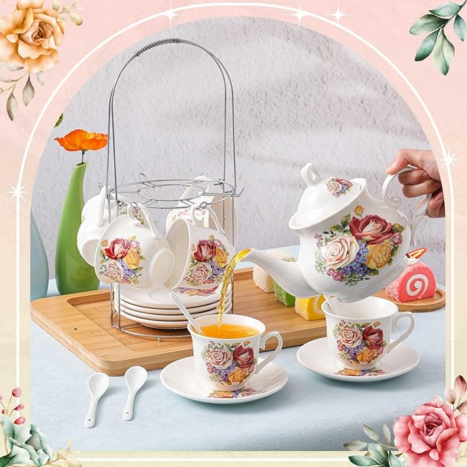 Zhehao 20 Pcs Porcelain Tea Set with Metal Holder and Spoon Adult Ceramic Tea Set European Flower Painting Teapot Cup Saucer Spoon for Women, Large Version (Floral Style)