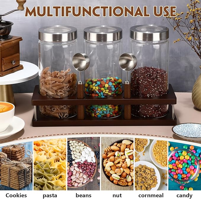 Suclain 3 Pcs Glass Coffee Bean Container 44 oz Airtight Coffee Canister with Shelf and Measuring Spoon Kitchen Food Canister Jar for Sugar Candy(Artsy Style, Wood, Glass, Stainless Steel, Acrylic)