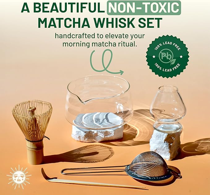 Whisk Set, 5-Piece Matcha Bowl and Whisk Kit with Bamboo Scoop, Glass Matcha Bowl, Holder, and Sieve – Handmade Borosilicate Glass (Clear)