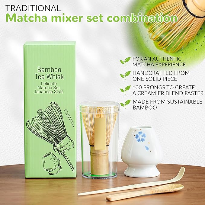 Traditional Japanese Matcha Tea Whisk Set, 4 Piece Bamboo Ceremonial Kit with Ceramic Holder (Four-leaf clover blue)