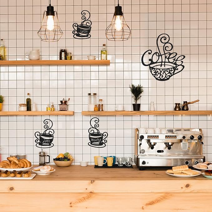 4 Pieces Metal Coffee Cup Wall Decor Coffee Bar Decor Cafe Themed Wall Art Decoration Vintage Cup Signs for Kitchen Decorations Shop Restaurant Lounge Decorations(Black)