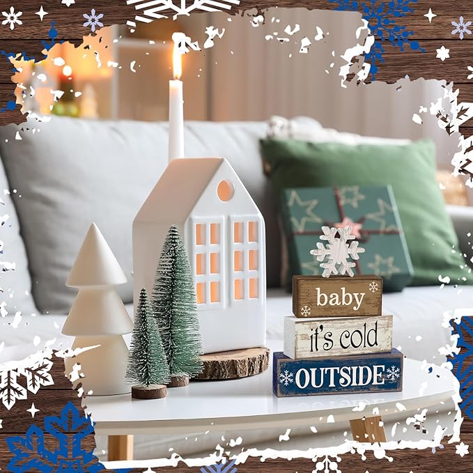 Moucuny 4 Pcs Winter Wooden Tabletop Decor Snowflake Tiered Tray Decor Winter Centerpiece Rustic Snow Block Signs Farmhouse Table Shelf Decoration for Home Office Party
