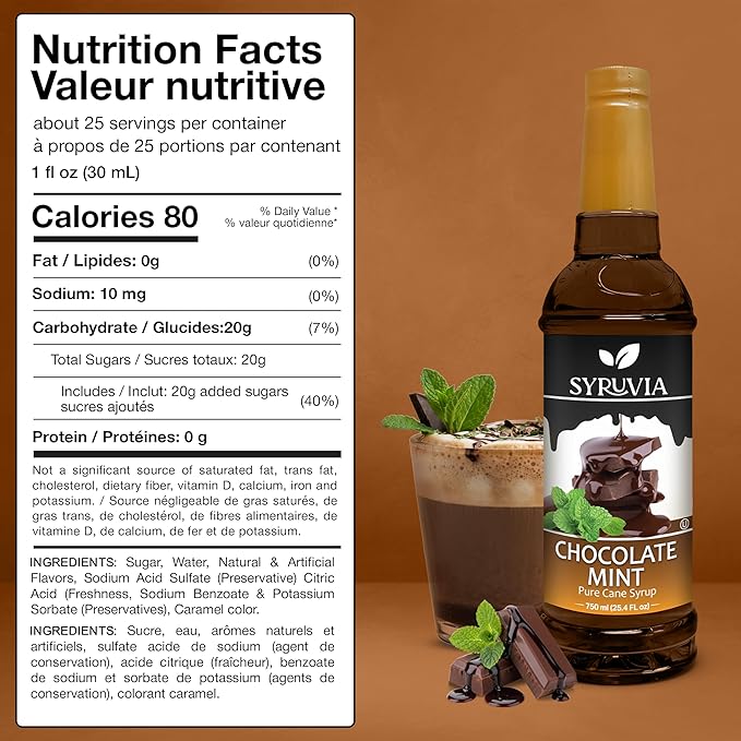 Syruvia Coffee Syrup, Chocolate Mint Flavored Syrup for Drinks, Lattes, and Desserts – 25.4 fl oz,