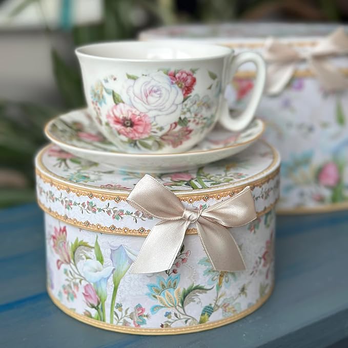 STP GOODS Bone China Tea/Coffee Cup and Saucer in Gift Box Fine Bone Tea Cup and Saucer Set of One,(Dream Garden)