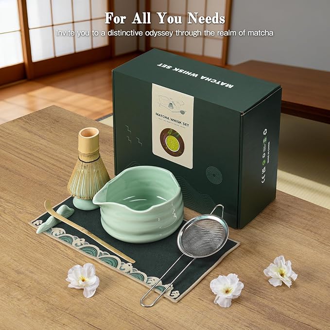 Matcha Whisk Set: 7 Pcs Ceramic Matcha Set with Bowl, Whisk, Holder, Scoop, Sifter, Rest & Towel – Japanese Matcha Kit Gift (Green)