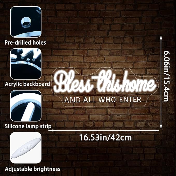 Bless This Home And All Who Enter Neon Sign for Wall Decor Dimmable God LED Neon Light Christian Decor for Prayer Room Home Bedroom Jesus White Positive Religious Wall Art Size 16.5 * 6.1in(GLNP213)