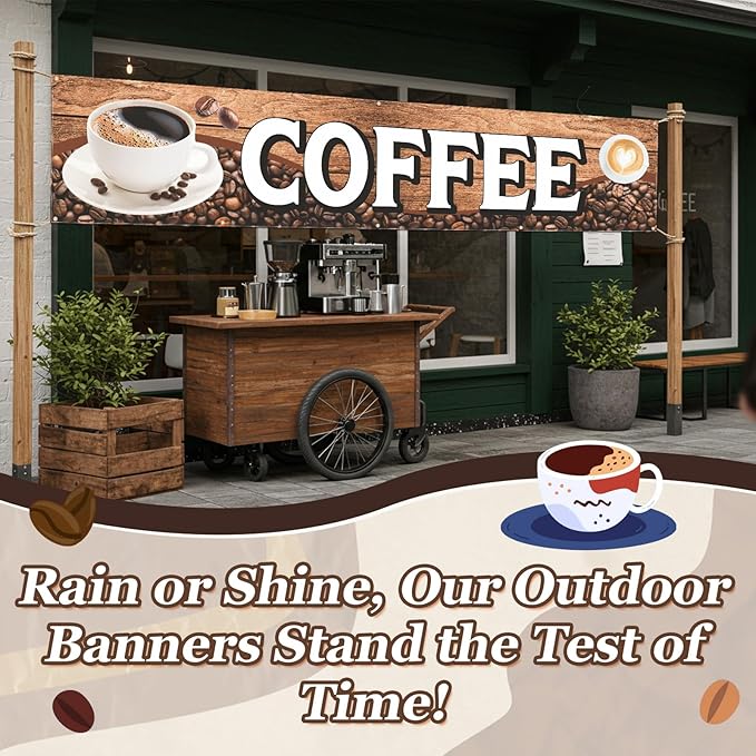 Tegeme Large Coffee Banner Sign Coffee Shop Banner Flag 2x10 Ft/ 24 x 120 Inch Oxford Fabric Cafe Business Sign for Easy Hang Indoor Outdoor