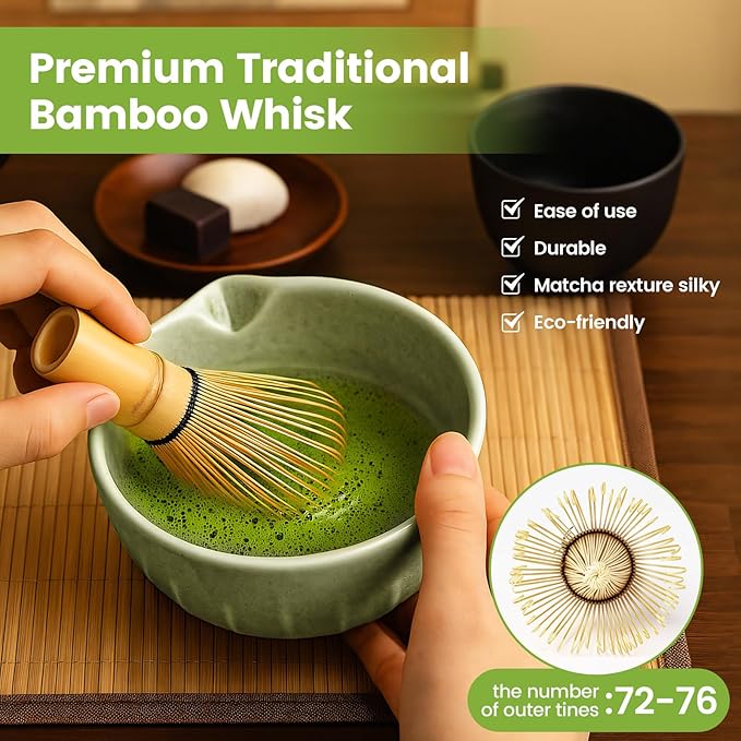 Farielyn-X Matcha Whisk Set, Japanese Tea Set (5pcs) includes Matcha Bowl with Spout (19 oz), Bamboo Whisk, Matcha Scoop, Matcha Whisk Holder (Chasen Holder), Stainless Steel Sifter, Macha Kit