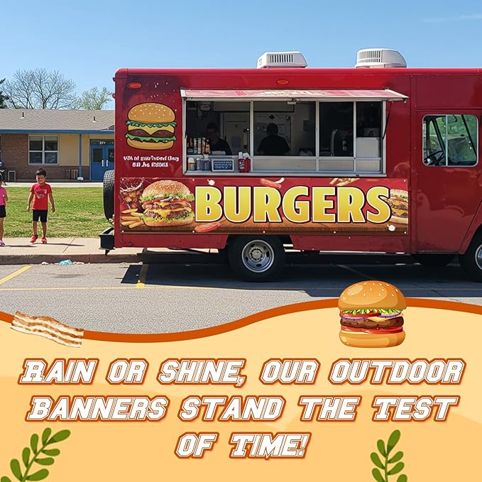 Tegeme Burgers Banners 2 x 10 Ft/ 24 x 120 Inch Large Oxford Fabric Polyester Hamburger Banner Sign with 10 Grommets for Easy Hang Indoor Outdoor
