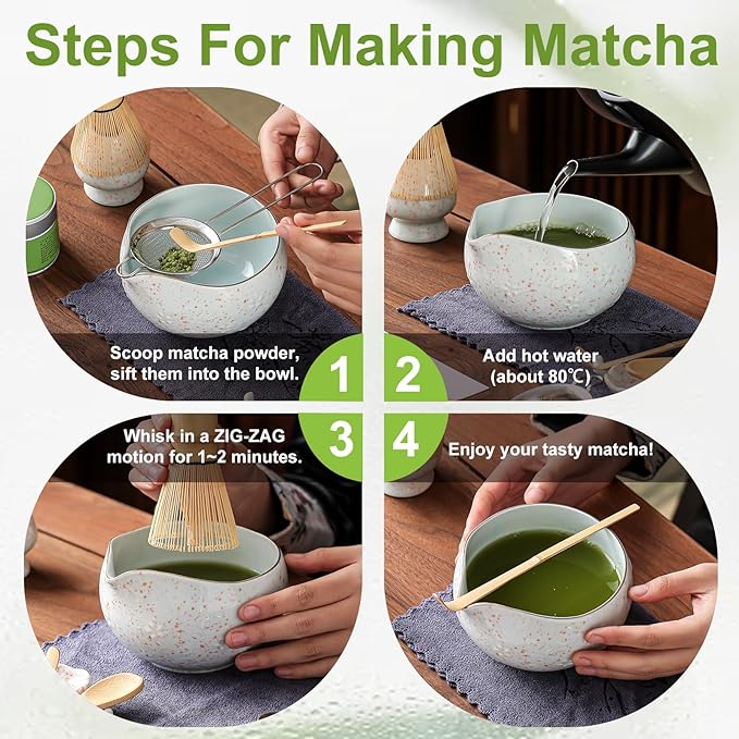 Matcha Whisk Set, 9 pcs Ceramic Matcha Set, Gifts for Women,Matcha Bowl with Spout and Whisk, Matcha Kit for Matcha Lovers, Ideal Gift Christmas, Birthday, Anniversary (Cherry Bloom-Red Spot)