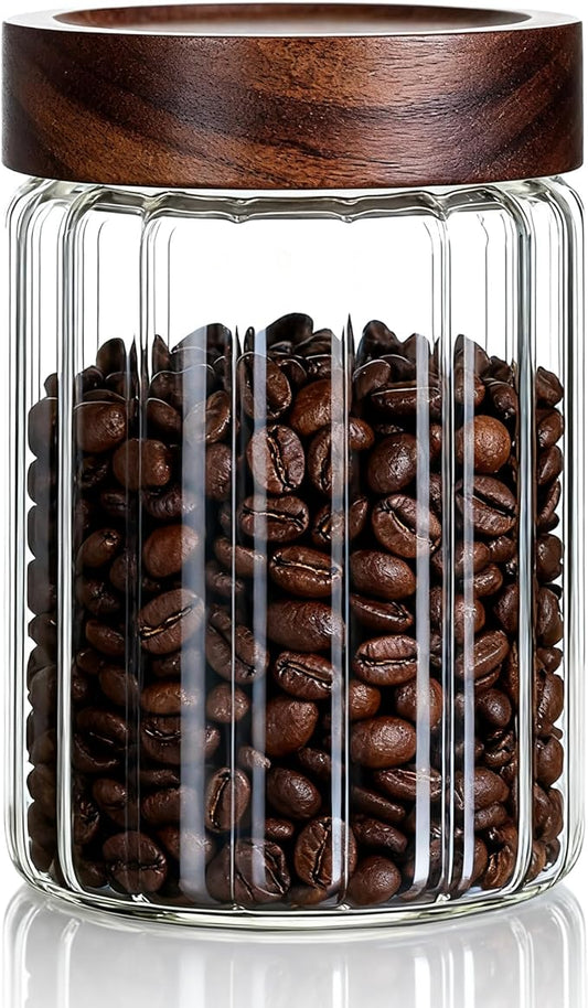 Decorative Borosilicate Glass Jar with Screw Top Airtight Wooden Lid, 28 oz/850ml Leak Resistant Food Storage Canister, Wide Mouth Container for Coffee Cookie Candy Overnight Oats Sourdough Starter