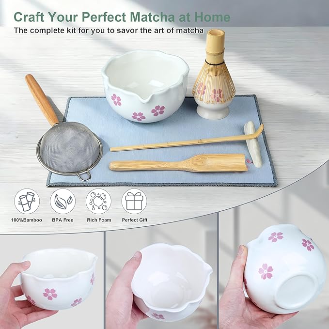8Pcs Matcha Whisk Set with Floral Ceramic Matcha Bowl, Wooden-Handled Sifter, Bamboo Whisk, Whisk Holder, Bamboo Scoop, Scoop Rest, Spoon, Tea Towel, Greeting card, Gift for Beginners
