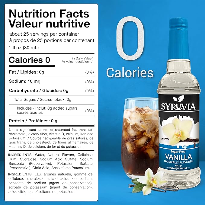 Syruvia Sugar Free Coffee Syrup, Vanilla Flavored Syrup for Drinks, Lattes, and Desserts – 25.4 fl oz
