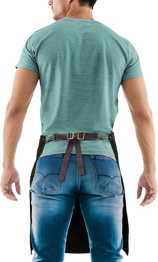 Under NY Sky Half Barista Apron - Brown Leather Strap - Riveted Pockets - Double Stiched - Leather Loop - Professional Twill - Bistro, Restaurant, Waiter, Bartender, Server - Green Half Waist Apron