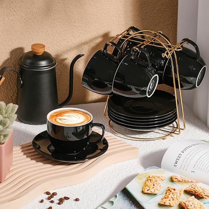 BTaT- Cappuccino Cups with Saucers 8 oz, Set of 12, Black Porcelain Coffee Cup and Saucer Set for Latte, Mocha, Tea, Au Lait, Flat White, Dishwasher, Microwave, Freezer and Oven Safe
