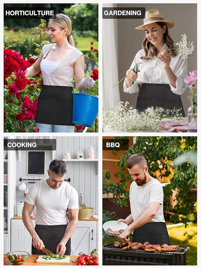 Syntus 6 Pack Server Apron with 3 Pockets, Waterdrop Resistant Waitress Waiter Waist Apron, 11.5-inch Black