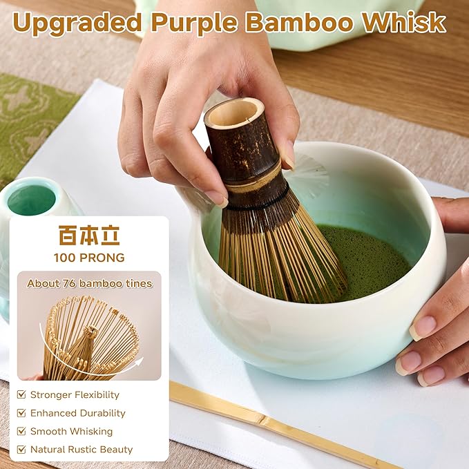 Matcha Whisk Set – Crystalline Glaze Bowl, Bamboo Whisk & Holder, Scoop & Sifter with Holder, Cup with Lid & Straw, Ice Cube Tray & Tea Towel – Blue Matcha Gift Set for Women, Women Gifts
