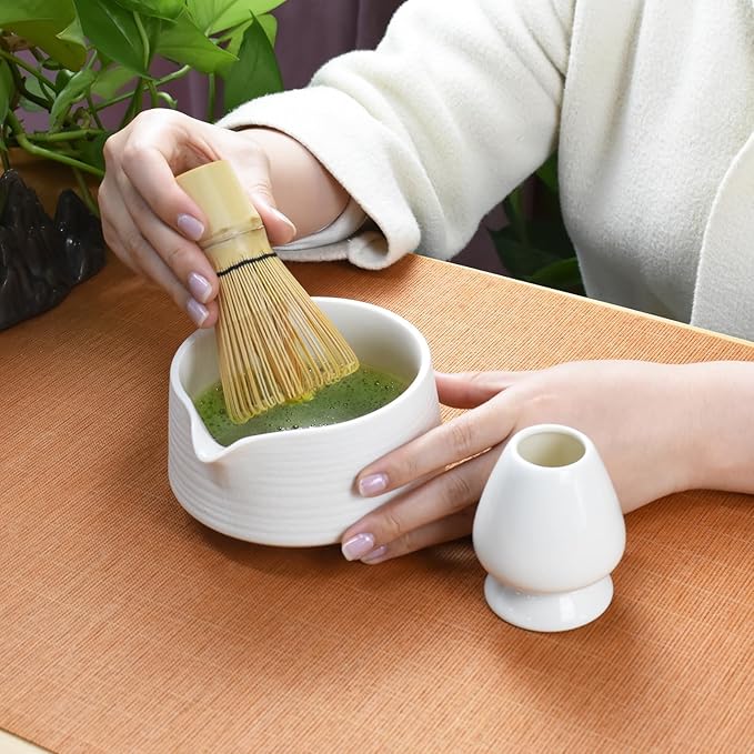 Artcome Matcha Tool Set - Complete Kit with Matcha Bowl with Spout, Bamboo Whisk, Tea Scoop & Whisk Holder, Porcelain White