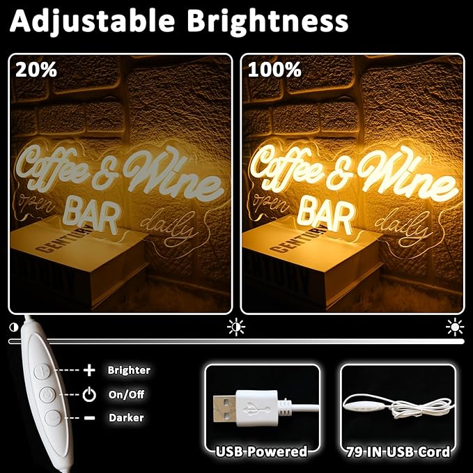 Coffee & Wine Neon Sign for Wall Decor Dimmable 16.54" x 6.54" Led Sign for Home Bar USB Powered Neon Light for Wine Cellar Cafe Farmhouse Kitchen Pub Dining Room Shop Party Decoration
