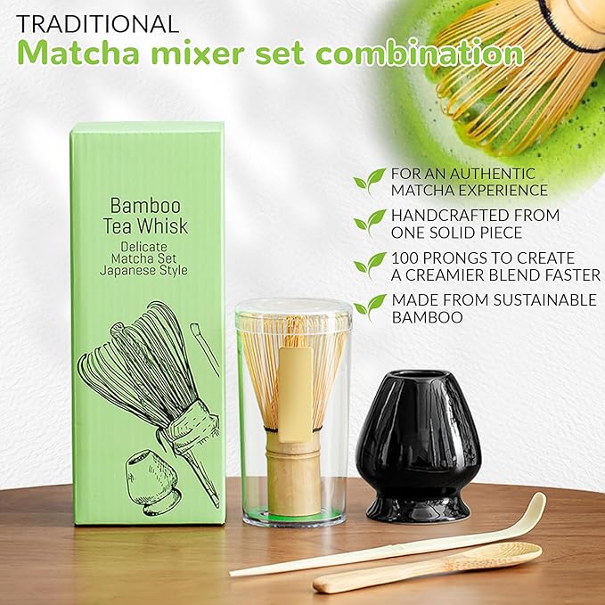 Traditional Japanese Matcha Tea Whisk Set, 4 Piece Bamboo Ceremonial Kit with Ceramic Holder (Black)
