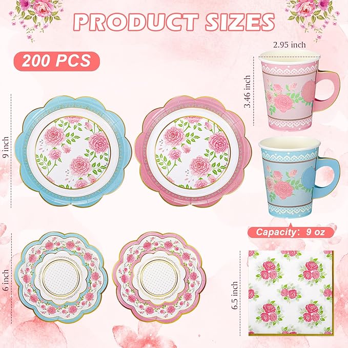 50 Sets Floral Paper Tea Cups and Saucers Disposable Tea Party Decorations 9 Inch Paper Plate, Saucer, Napkin, 9 oz Cups with Handle for Party Supplies (Floral)