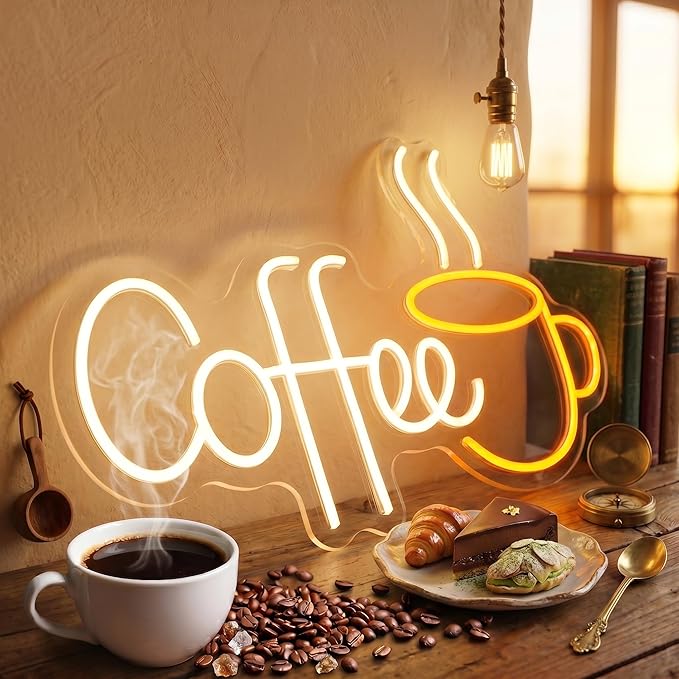 LED Coffee Neon Sign for Cafe, Acrylic Light Up Coffee Bar Sign 21.7x13.8 Inch, 10 levels USB Dimmable for Coffee Shop Internet Lounge Wall Decor (Warm White)